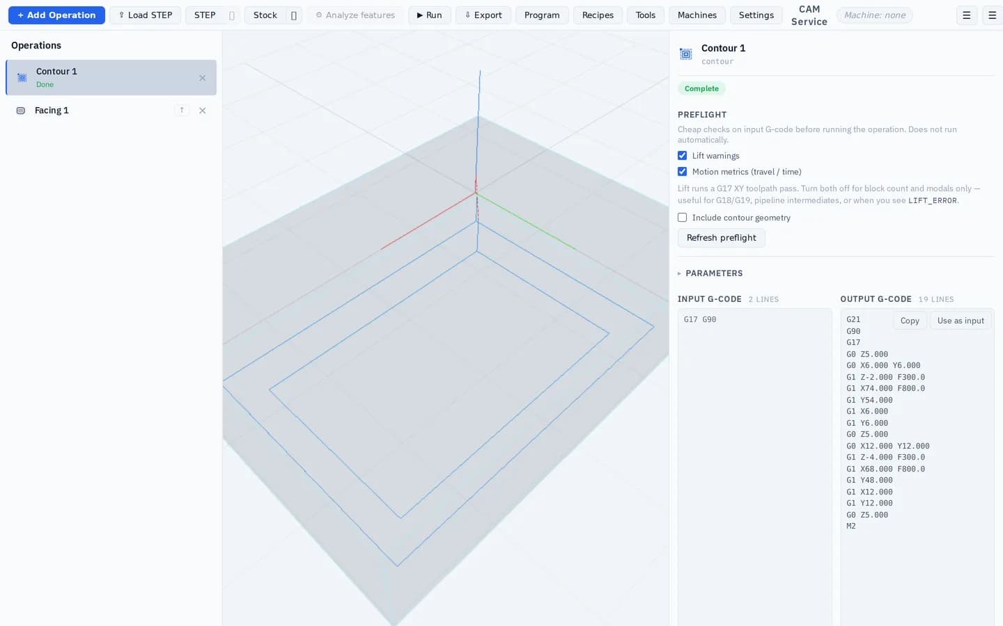 CAM Studio workspace with a 3D stock block, contour toolpath overlay, and posted G-code