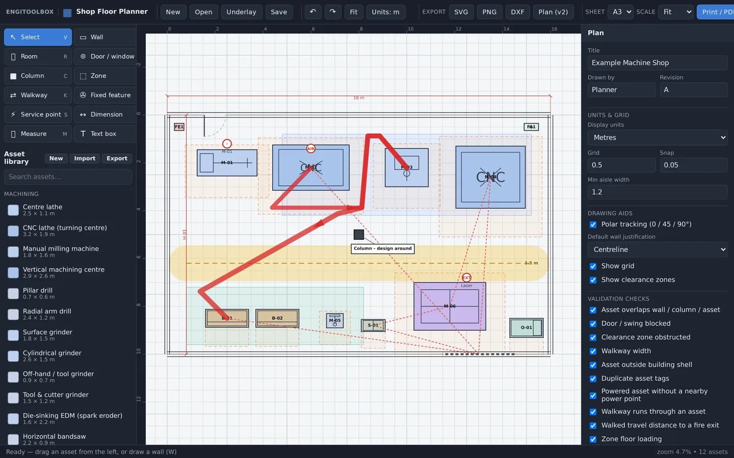 Shop Floor Planner with an example machine shop, machines, walkways, and clearance checks